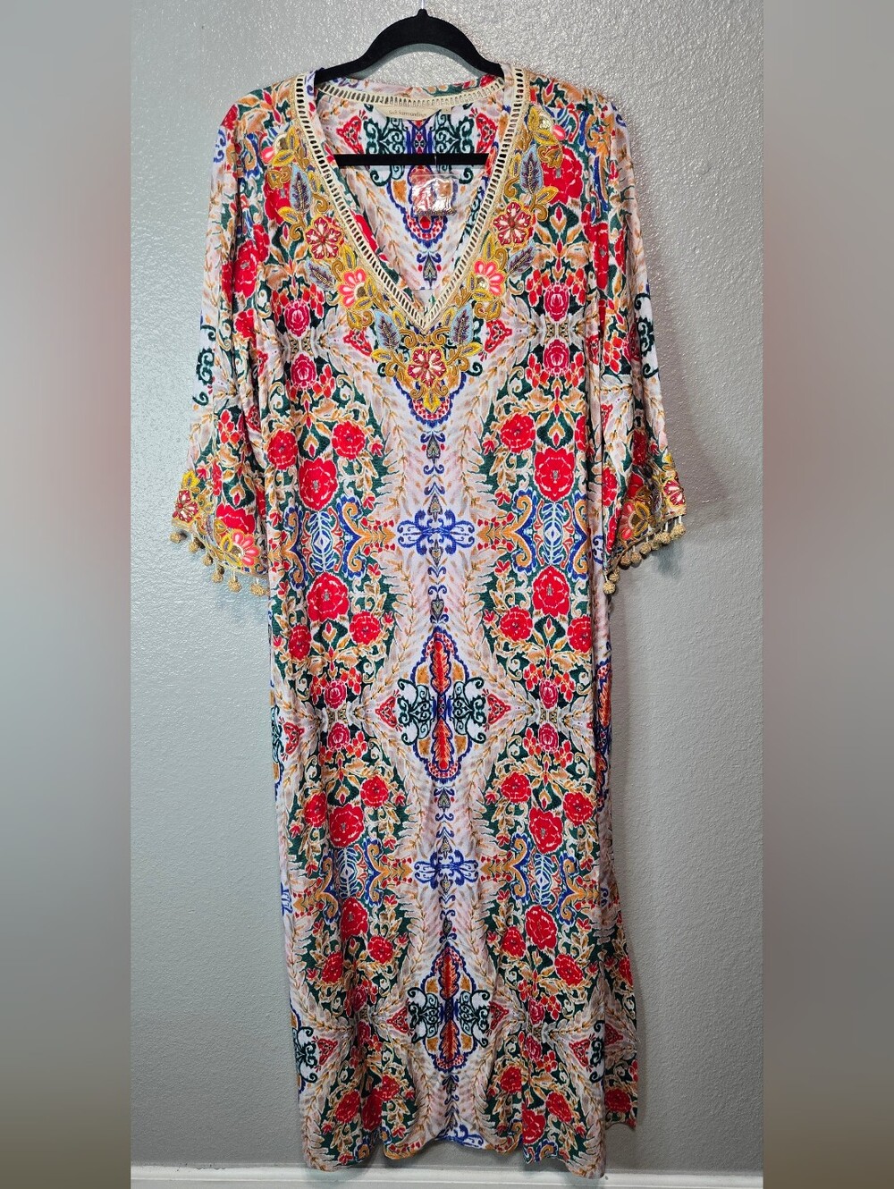 Soft Surroundings Size Ipanema Embroidered Beaded Caftan Challis Maxi Dress L